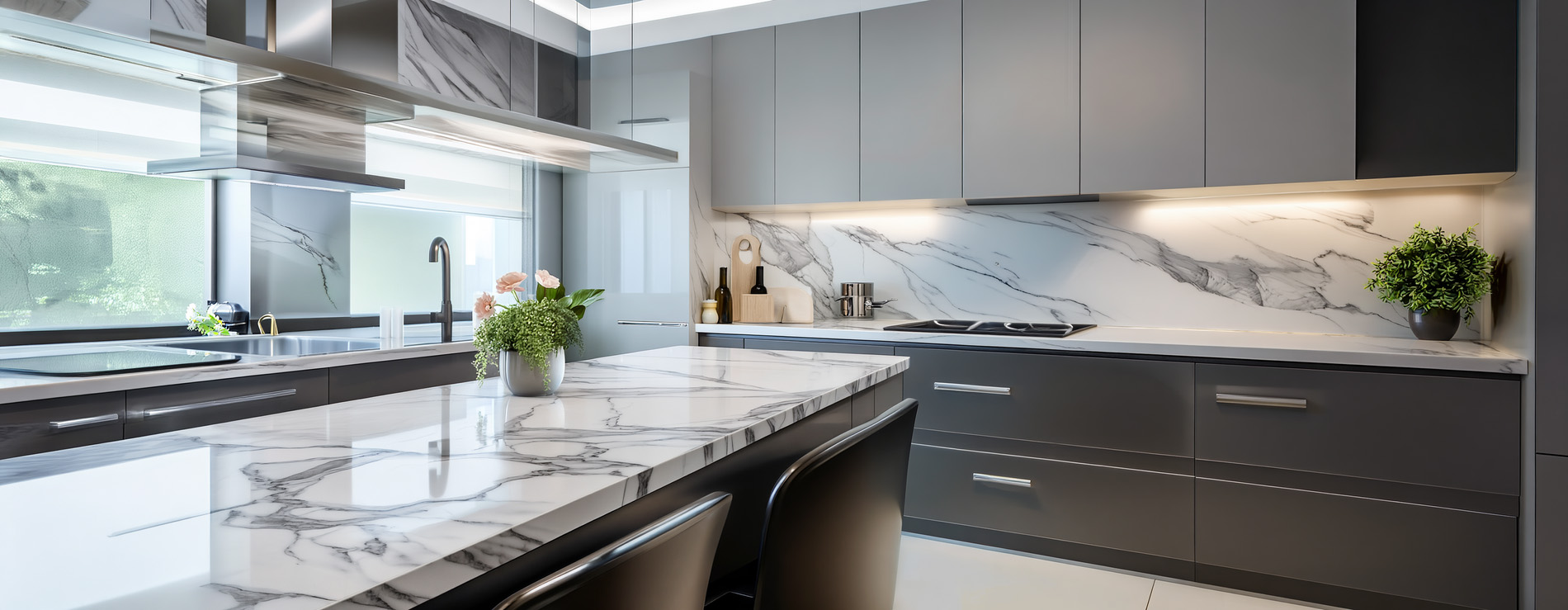 Remodelled kitchen with marble island and custom cabinets